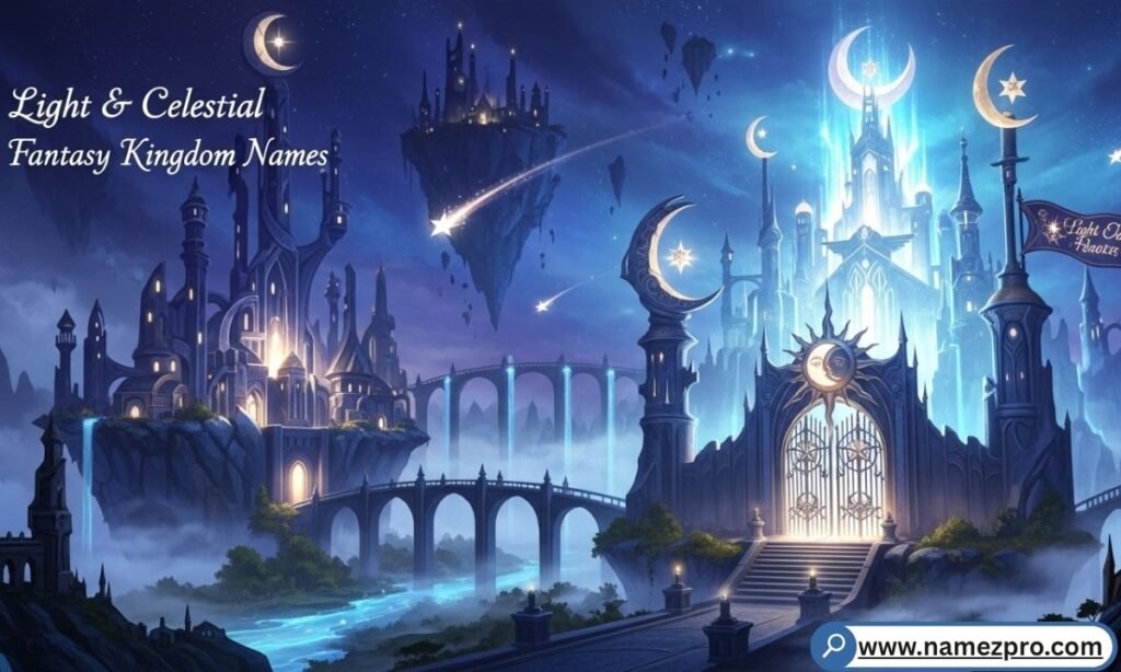 Light and celestial fantasy kingdom names with golden sky citadel, floating islands, and divine starlight over peaceful realms.