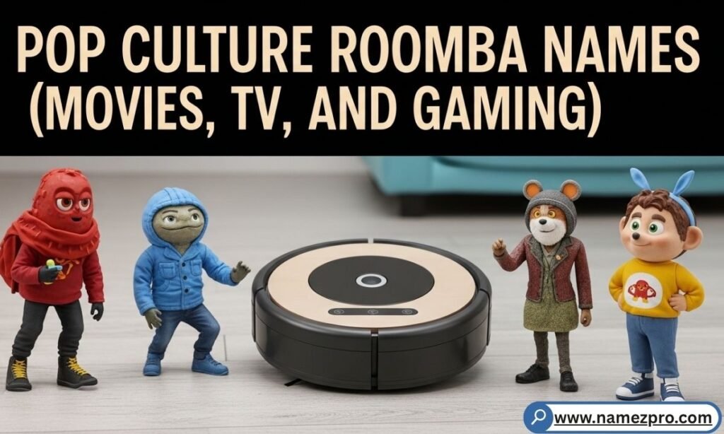 Pop Culture Roomba Names from movies TV and gaming featuring a robot vacuum dressed as Grogu the Child.

