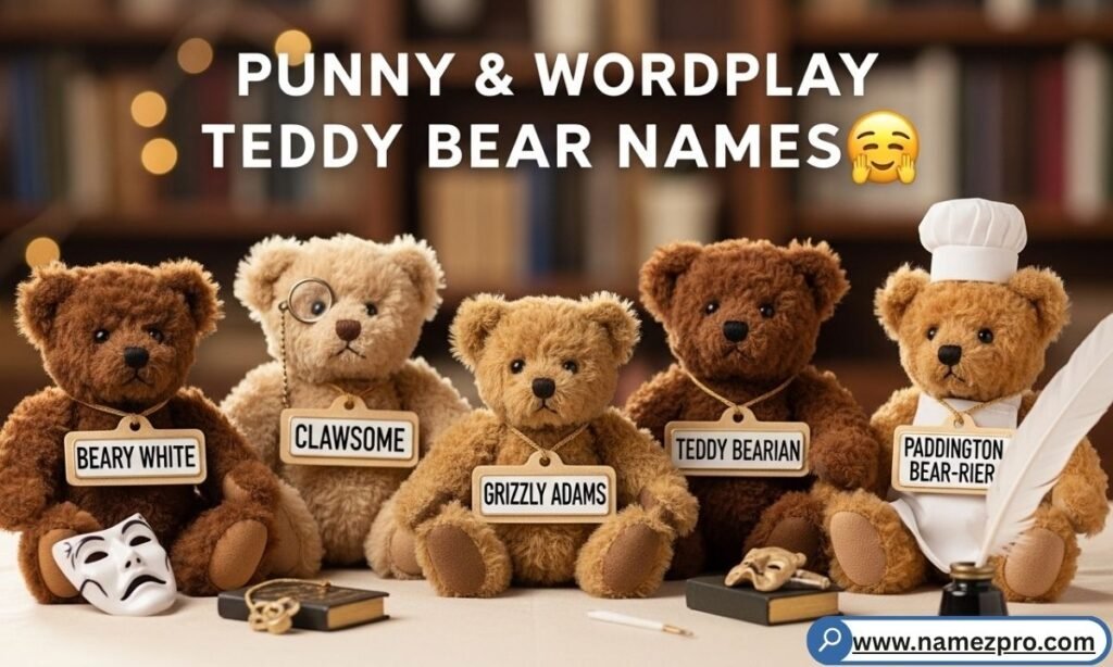 A clever teddy bear holding a magnifying glass and wearing glasses, representing punny and wordplay teddy bear names 🎭.