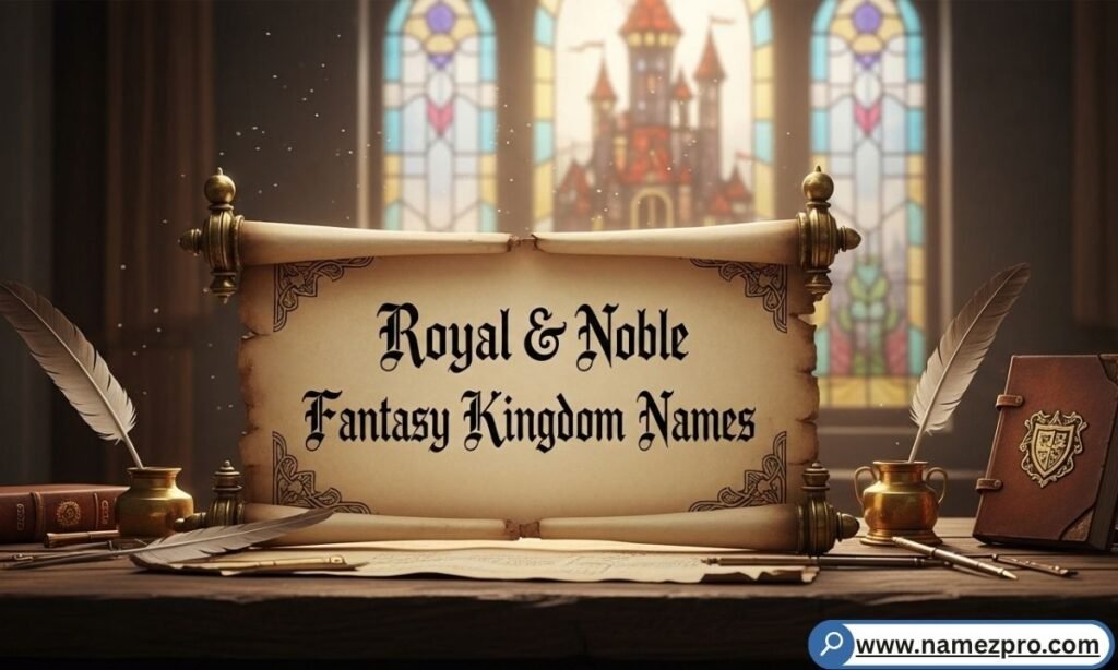 Ornate gilded parchment featuring a jeweled crown, sapphire accents, and majestic castle heraldry.