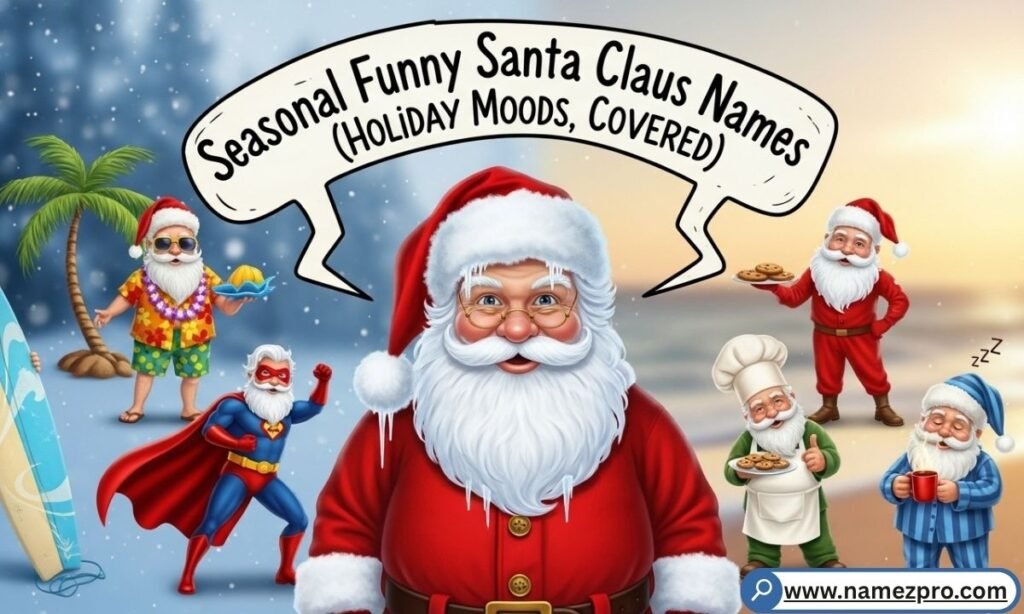 Four Santas showing different holiday moods  jolly, tired, silly, cozy