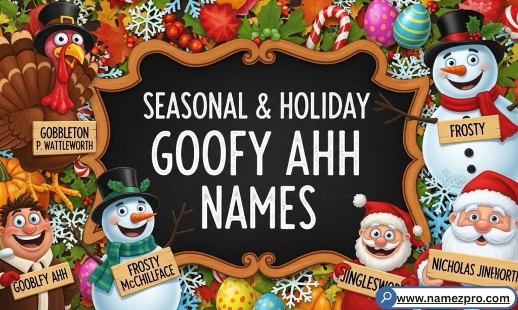 A festive collage featuring a Christmas 'Jingle Bell Blobfish' and a Halloween 'Spooky Noodleface' as goofy ahh names.