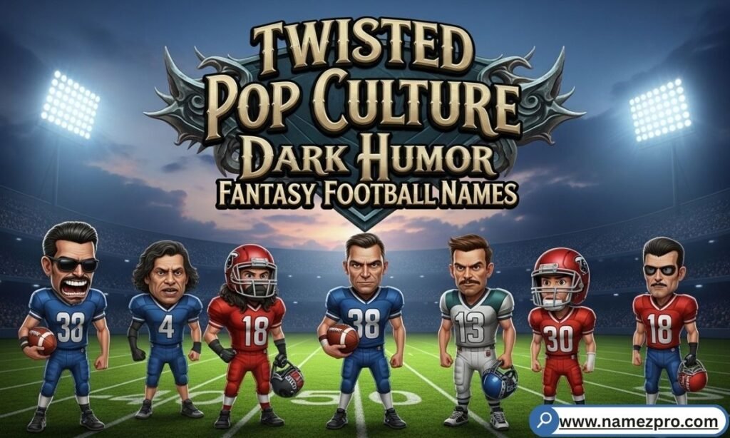 Movie-themed graphic featuring dark humor fantasy football names and pop culture puns.