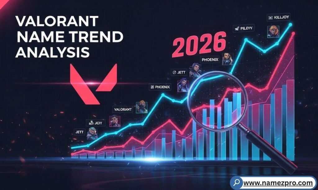 Infographic of 2026 Valorant naming trends featuring Clove, Phoenix, and Sage with data-driven meta keywords.
