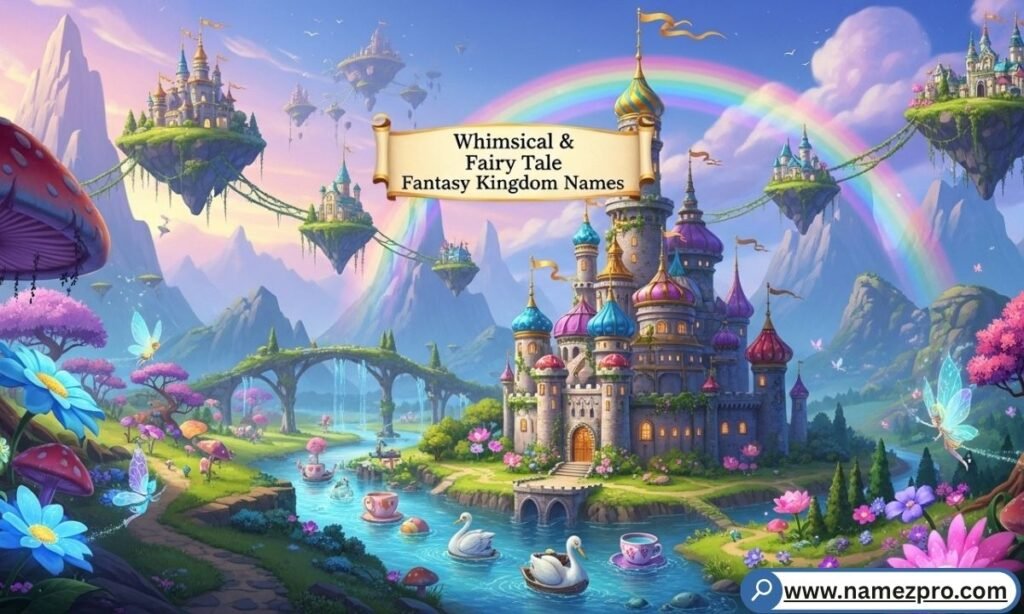 Whimsical fairy tale fantasy kingdom names on colorful storybook map with candy spire, glowing mushrooms, and friendly dragon.