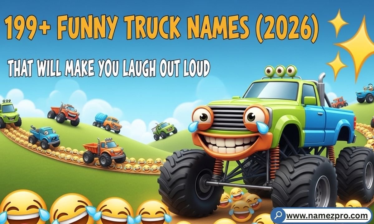 Funny truck names 2026 featuring cartoon monster trucks laughing with hilarious hauler name ideas