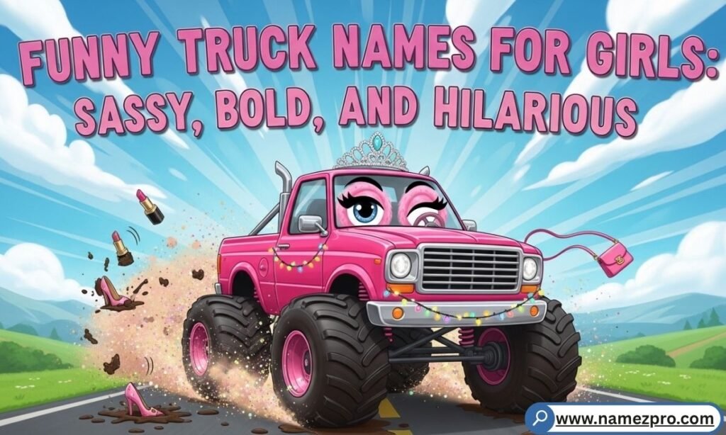 Funny truck names for girls showing a sassy pink monster truck with tiara, lashes, and flying heels on an open road