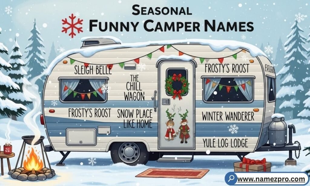"A camper van decorated with seasonal themes parked in a snowy forest landscape with colorful autumn leaves nearby.