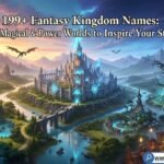 Fantasy kingdom names list with epic map background, magical towers, and ancient runes for D&D world-building inspiration.