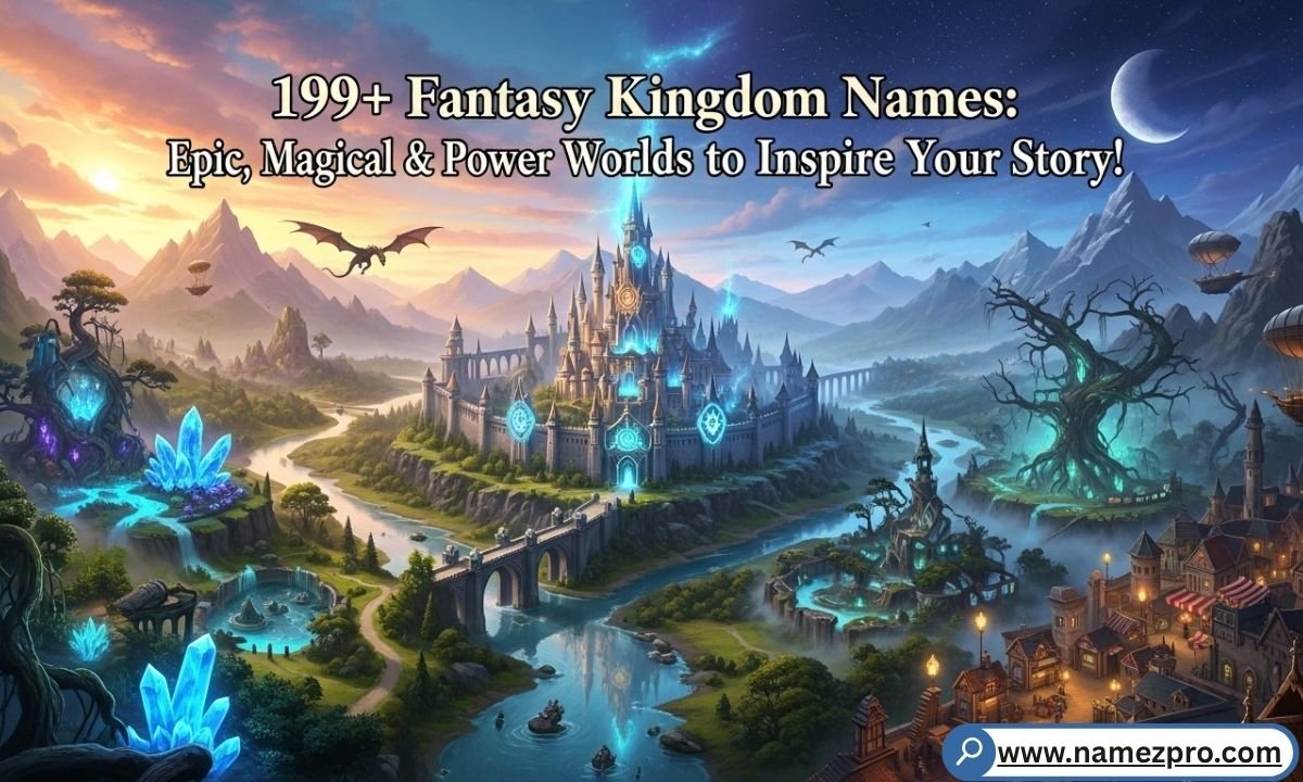 Fantasy kingdom names list with epic map background, magical towers, and ancient runes for D&D world-building inspiration.