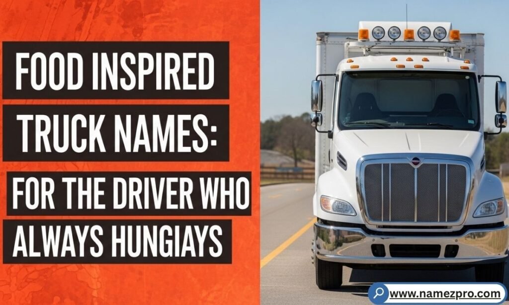 Food inspired funny truck names showing a hungry cartoon truck surrounded by burgers, tacos, pizza and BBQ on an open road