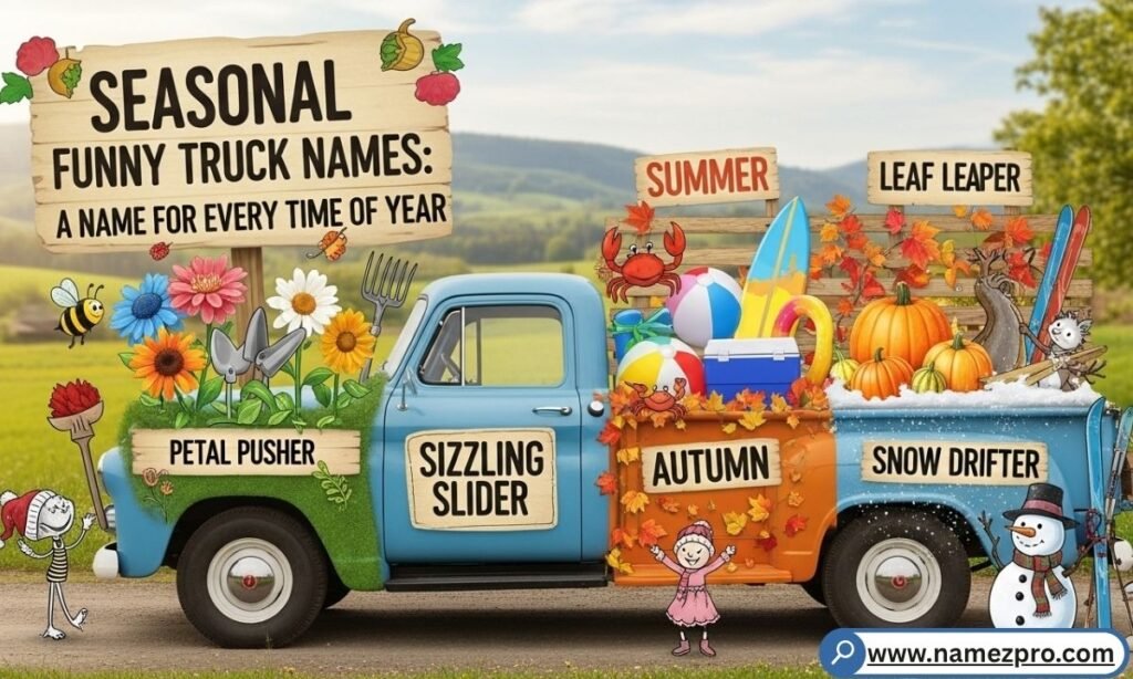 Four cartoon trucks across winter snow, summer sun, fall leaves, and spring bloom on one road