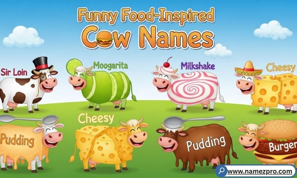 A fluffy white cow standing in a pasture looking like a marshmallow, representing funny food-themed cattle names.