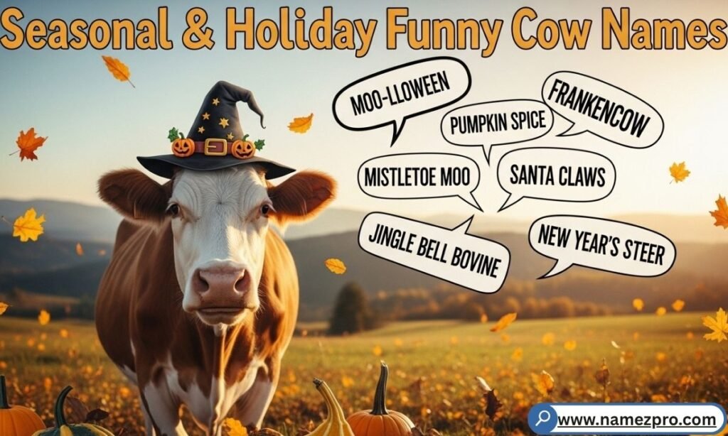 A festive cow wearing a Santa hat and Halloween costume on a decorated farm — seasonal holiday funny cow names 2026

