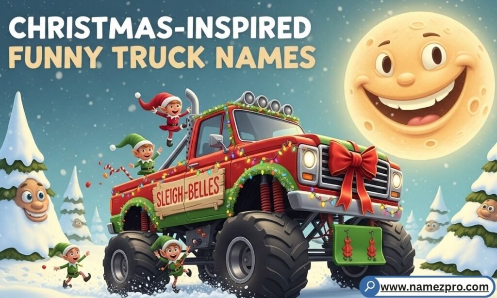 Red cartoon truck wrapped in Christmas lights hauling gifts through a snowy holiday road