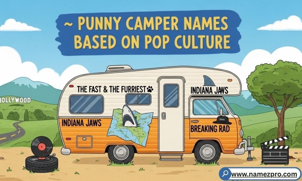 "A creatively decorated camper van with punny pop culture name decals parked at a vibrant campsite full of personality.