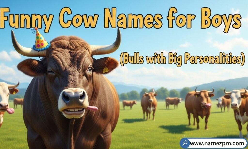 A muscular brown bull looking at the camera with a funny expression, representing humorous male cow naming ideas.