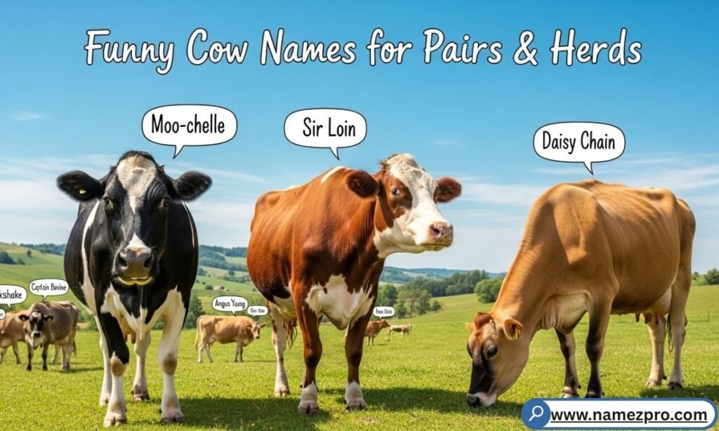 Two curious cows standing side-by-side in a field, illustrating funny duo names for cattle pairs and herds.