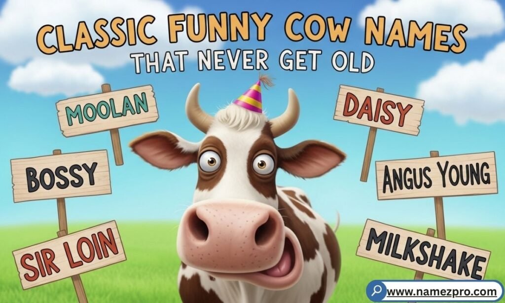 A classic black and white dairy cow on a sunny farm with a vintage funny name tag — classic funny cow names

