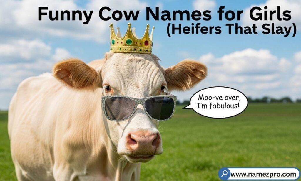A cute female cow wearing a flower crown in a sunny meadow — funny cow names for girls and heifers 2026

