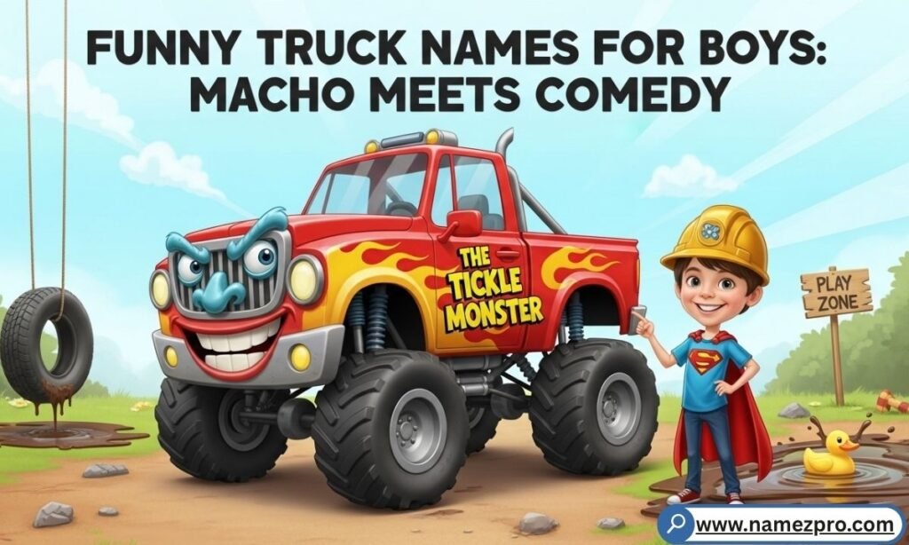 Funny truck names for boys featuring a tough cartoon monster truck with bold macho energy and hilarious pickup nicknames for guys