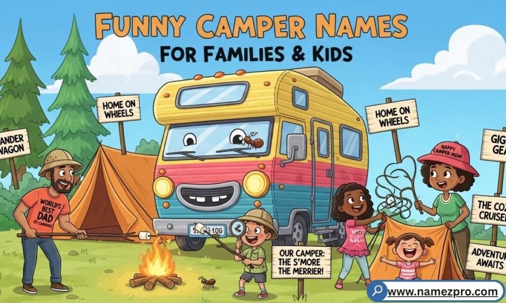 A happy family laughing outside a colorful camper van with a funny family name sign at a sunny campsite.