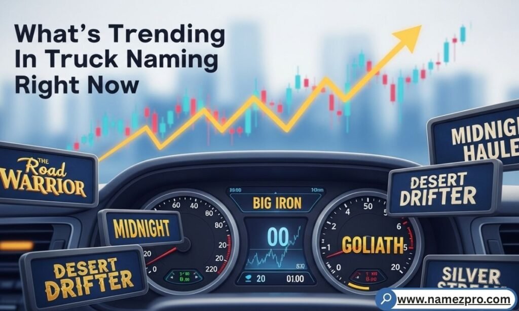 Cartoon truck surrounded by rising trend arrows, viral name tags, and social media icons on a highway