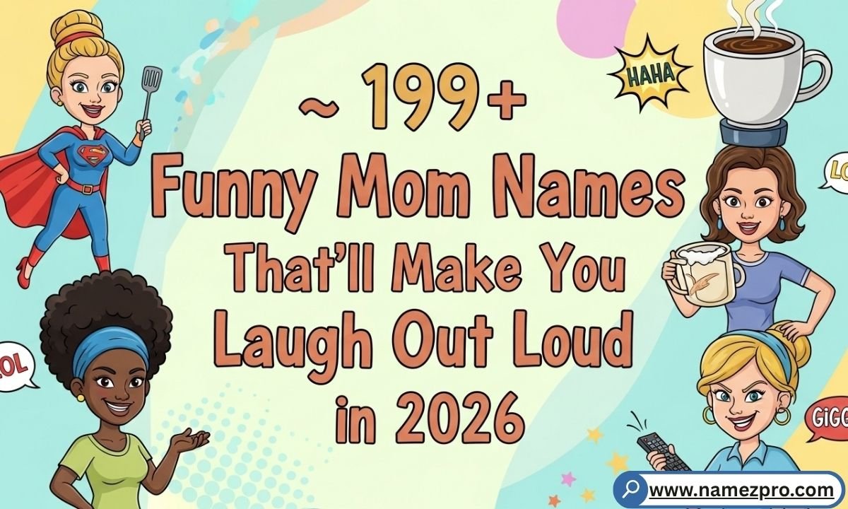 Funny mom names list 2026 with laughing mom and kid on couch