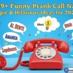 A curated list of funny prank call names for 2026 on a smartphone screen, featuring gaming and office-safe categories.
