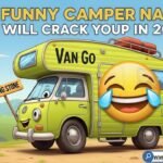 A colorful camper van with a funny name sign parked at a scenic campsite surrounded by trees.