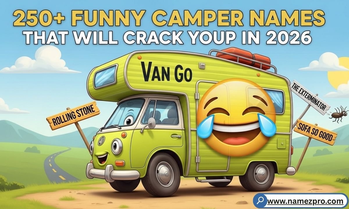 A colorful camper van with a funny name sign parked at a scenic campsite surrounded by trees.