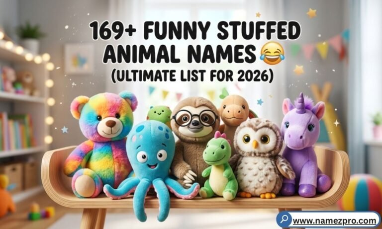 Funny stuffed animal names list with teddy bear and bunny plush toys