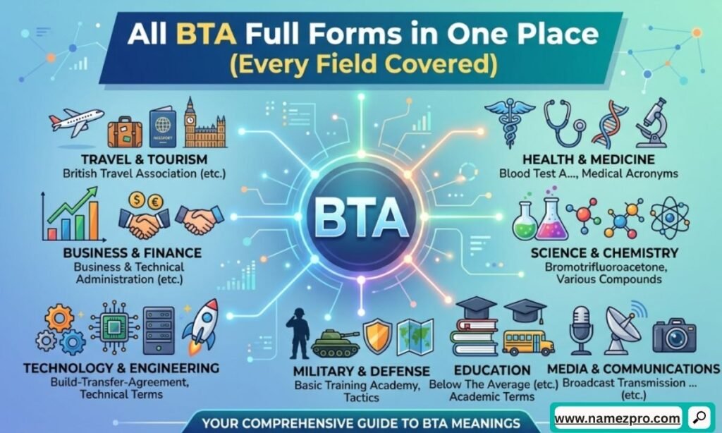 Infographic collage showcasing all BTA full forms across business, tech, medical, and slang fields, covering every meaning.