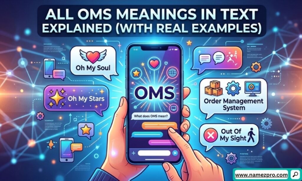 Infographic showing various OMS like Oh My Soul and On My Soul with smartphone chat bubbles.