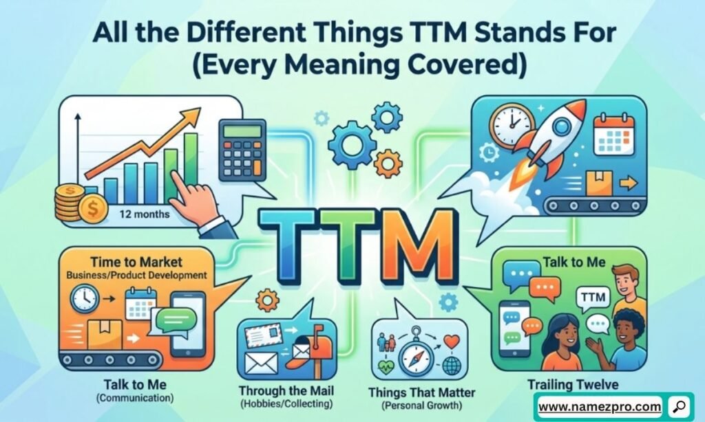 Infographic showing TTM stands for Talk To Me, To The Moon, and Trailing Twelve Months in texting slang, crypto, and finance.