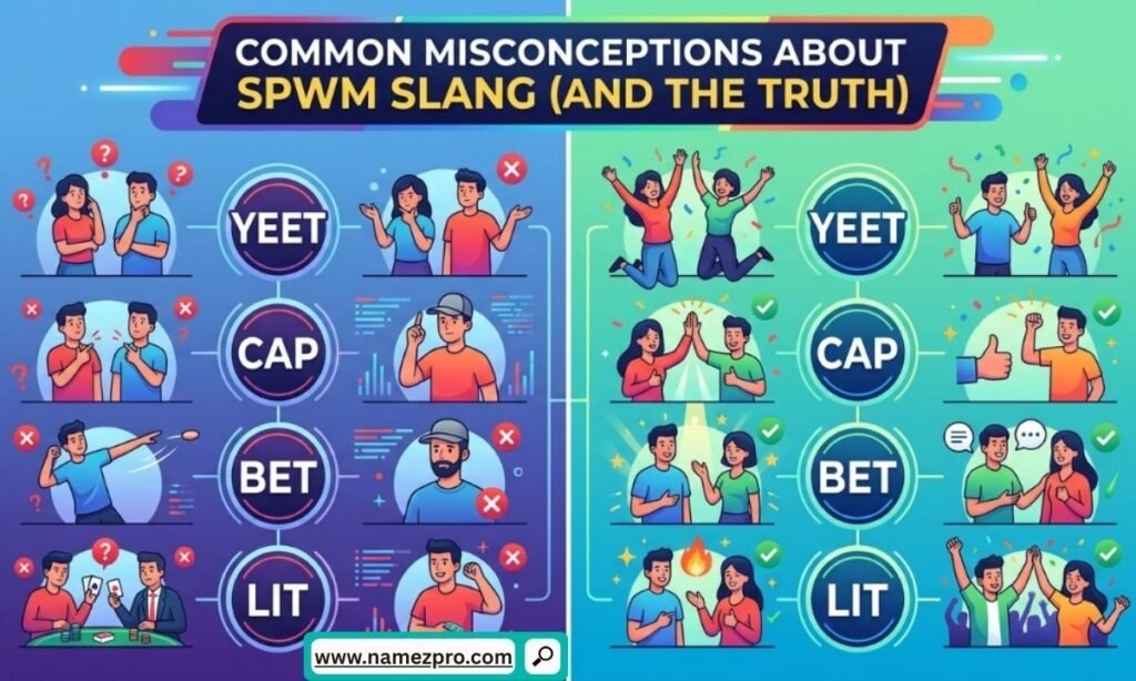 Myth vs. truth infographic debunking SPWM slang misconceptions with correct meanings.