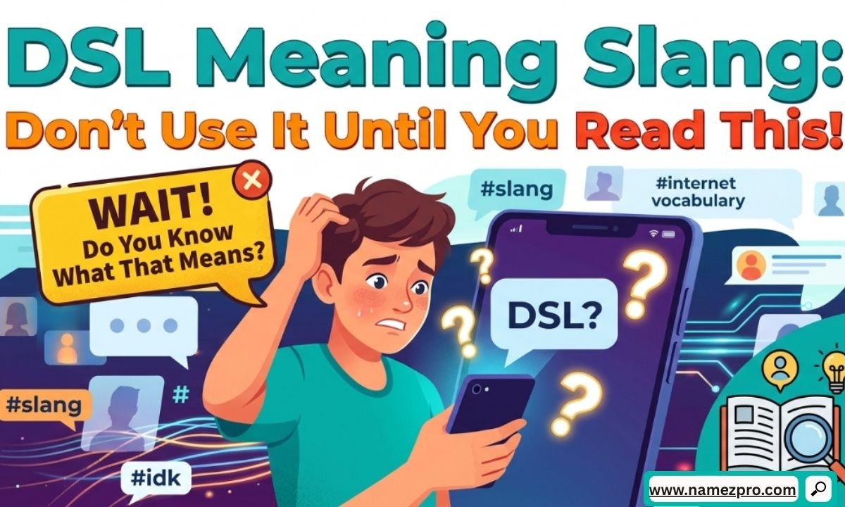 Person reading a confusing DSL meaning slang text on a phone, with multiple texting slang definitions displayed on screen