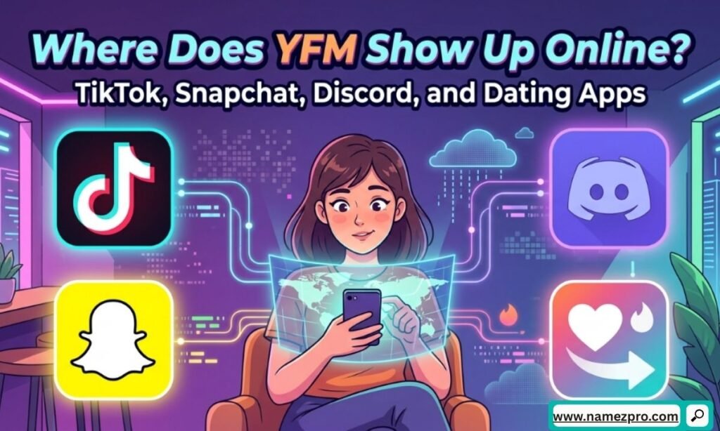 Collage of TikTok, Snapchat, Discord, and dating app interfaces each featuring a YFM? chat bubble, showing YFM slang in different online spaces.
