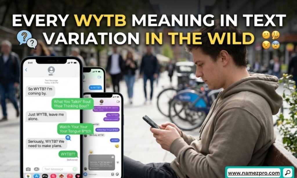 Collage of real chat screenshots showing the acronym WYTB used in humorous, sarcastic, and completely confused contexts.