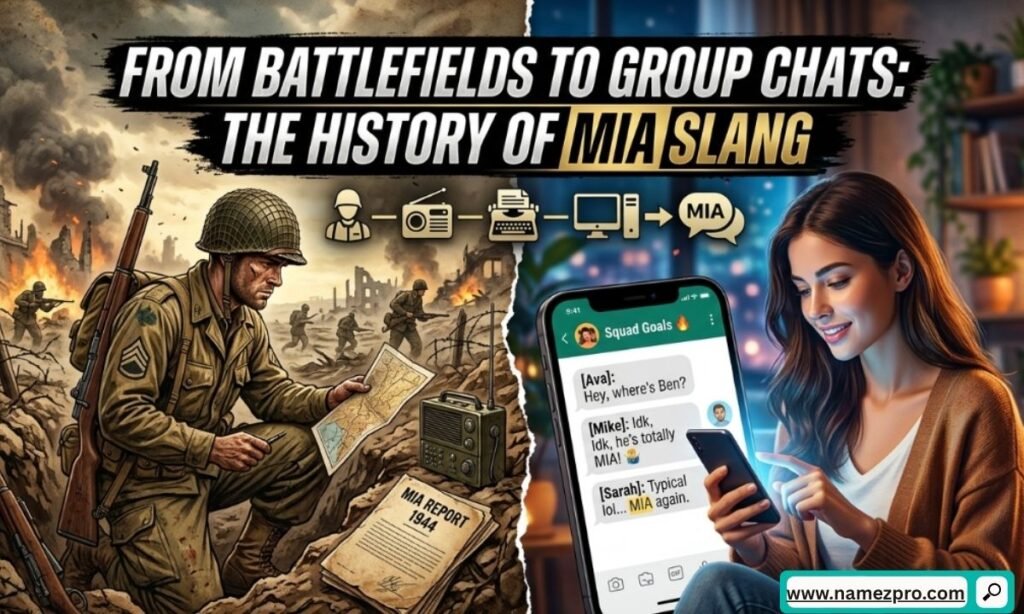 History of MIA slang illustrated from battlefield origin to group chat, with military and text icons.
