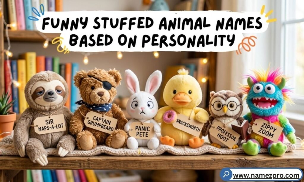 Funny stuffed animal names based on personality like Snoozington III and Lady Drama-Paws