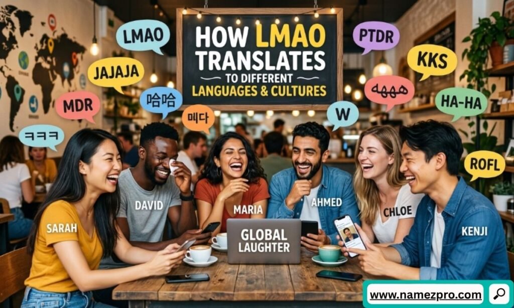 World map infographic showcasing global equivalents and translations of LMAO text slang in different languages.