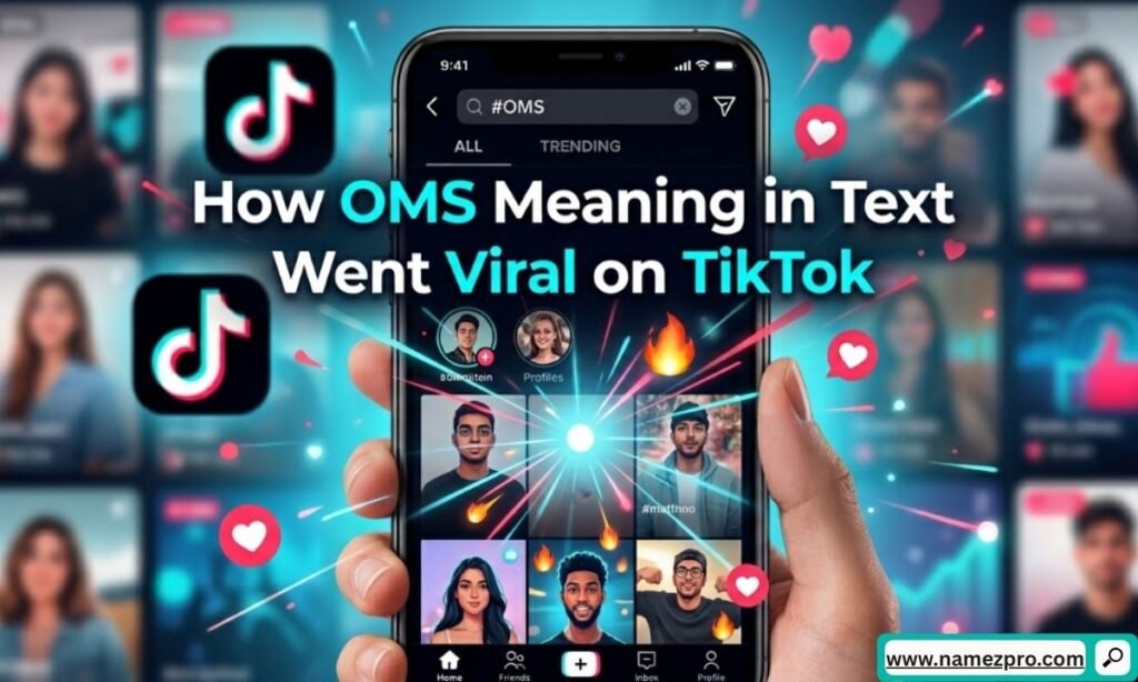 TikTok screen interface showing viral video with OMS text overlay and trending hashtags in the caption area.