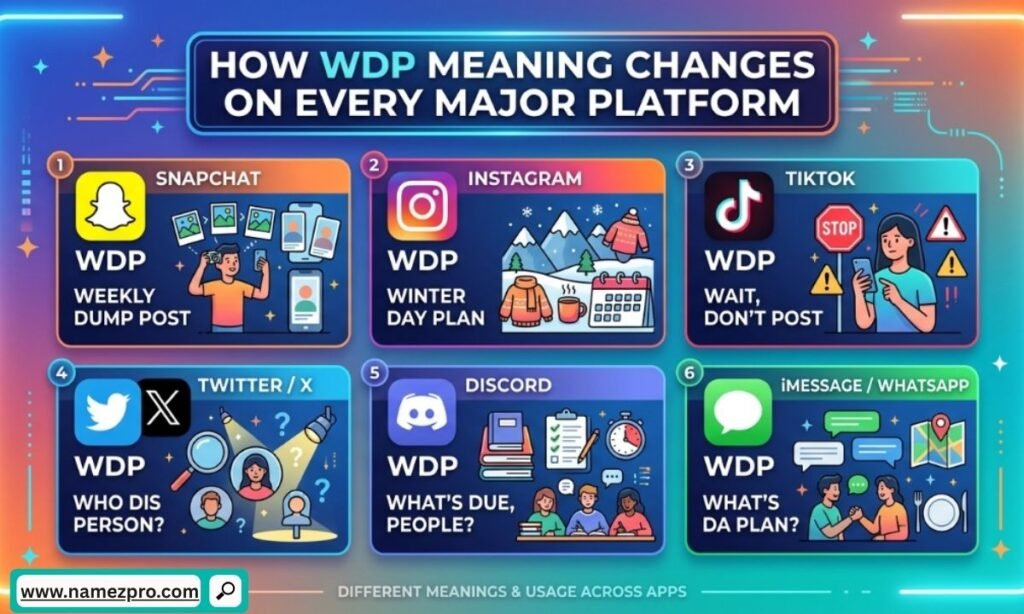 WDP meaning across social media platforms shown with chat apps, texting slang, and online acronym examples