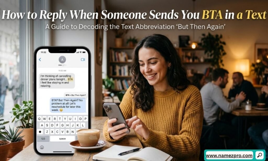 Smartphone screen displaying BTA text message and multiple suggested replies with pro/con labels for each.