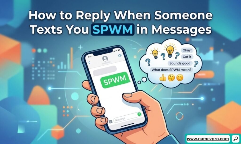 Messaging app screen showing incoming text "SPWM" and a witty suggested reply bubble beside it.