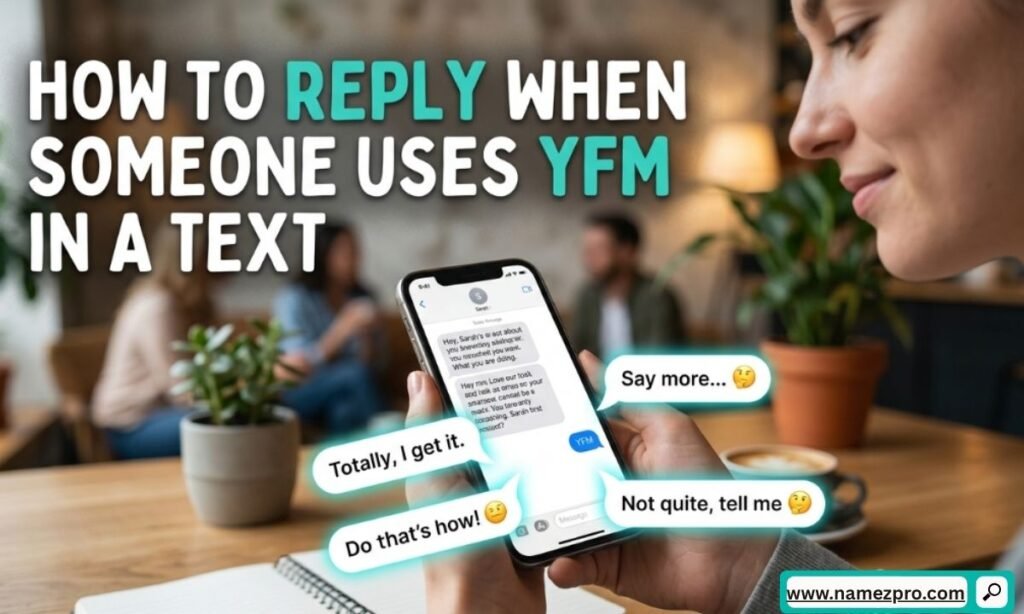 Phone screen with incoming "YFM?" text and three friendly reply options showing exactly how to reply when someone uses YFM.