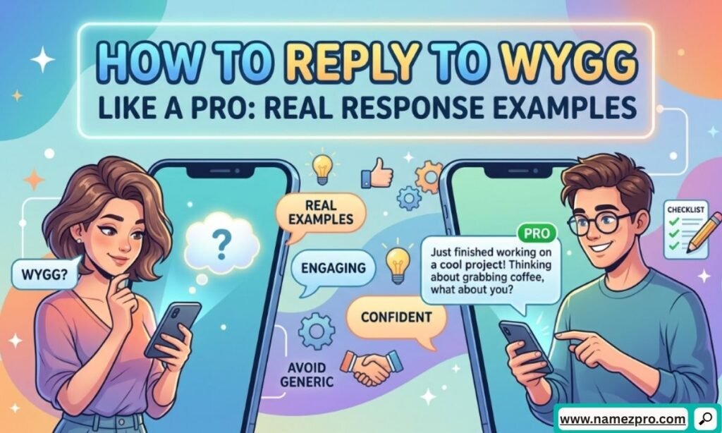 Mobile chat screen showing a table chart of flirty, casual, and busy reply examples for the WYGG text acronym.