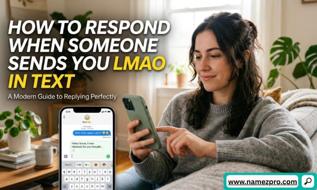 Smartphone chat screen showing example text message replies and witty responses to a friend sending LMAO.