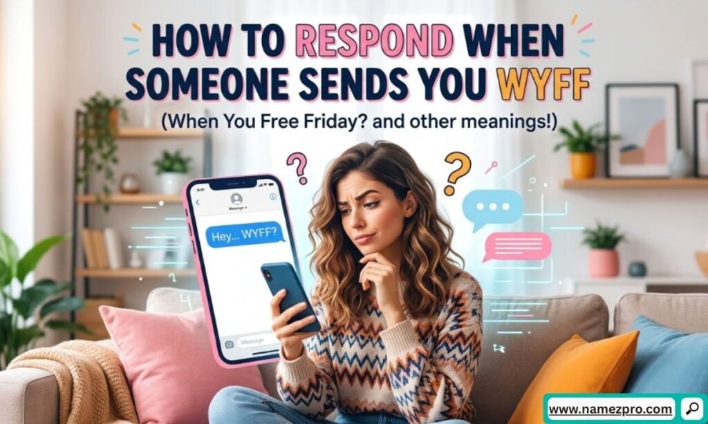 Mobile chat bubbles showing example responses on how to reply to a WYFF text based on different conversation contexts.